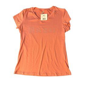 Peach V-Neck T Shirt Rhinestone Angel On Front Buzz Short Sleeves Size XL NWT